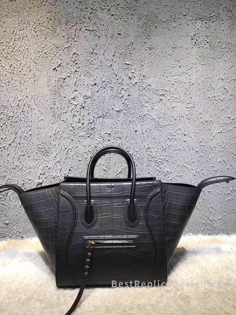 Celine Luggage Phantom Bag In Black Croc Embossed Leather